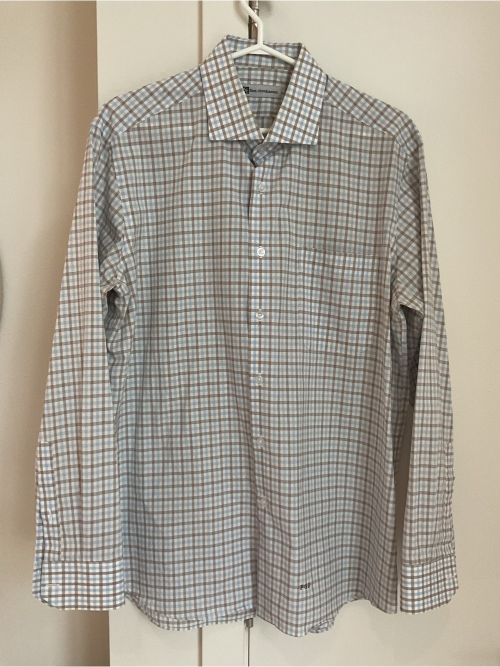 Sam Aboudhassan Custom Fitted Plaid Long-Sleeve Dress Shirt in Light Blue & Tan